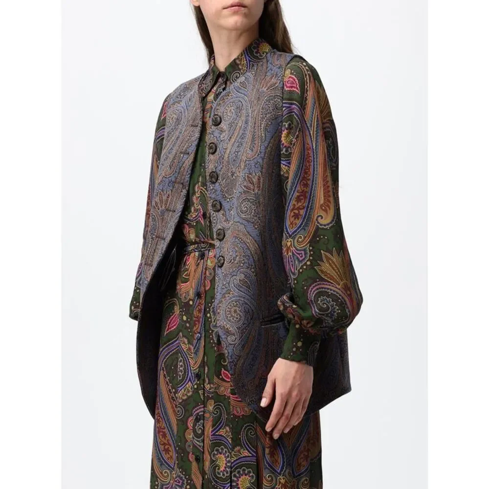 Etro Women Etro Paisley Print Tailored Cotton-Blend Waistcoat With Crew Neck
